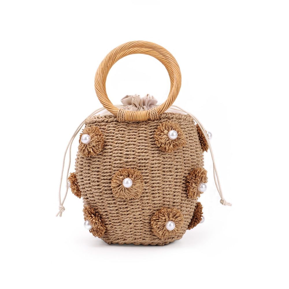 Flower Pearls Rattan Tote Bag Straw Bags Drawstring Straw Bucket :>